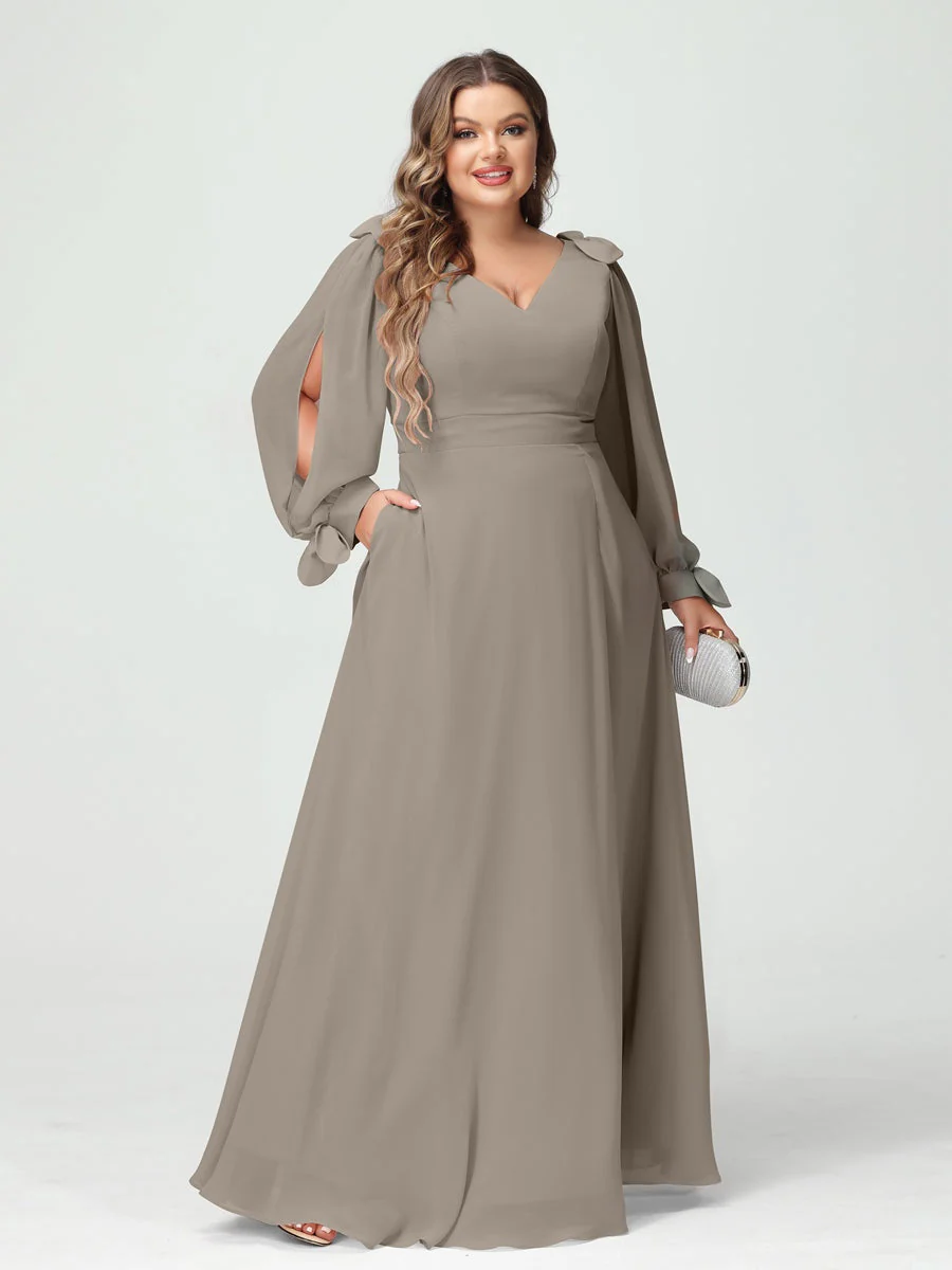 A-Line/Princess V-Neck Long Sleeves Plus Size Bridesmaid Dresses with Pockets & Split Side - Image 73
