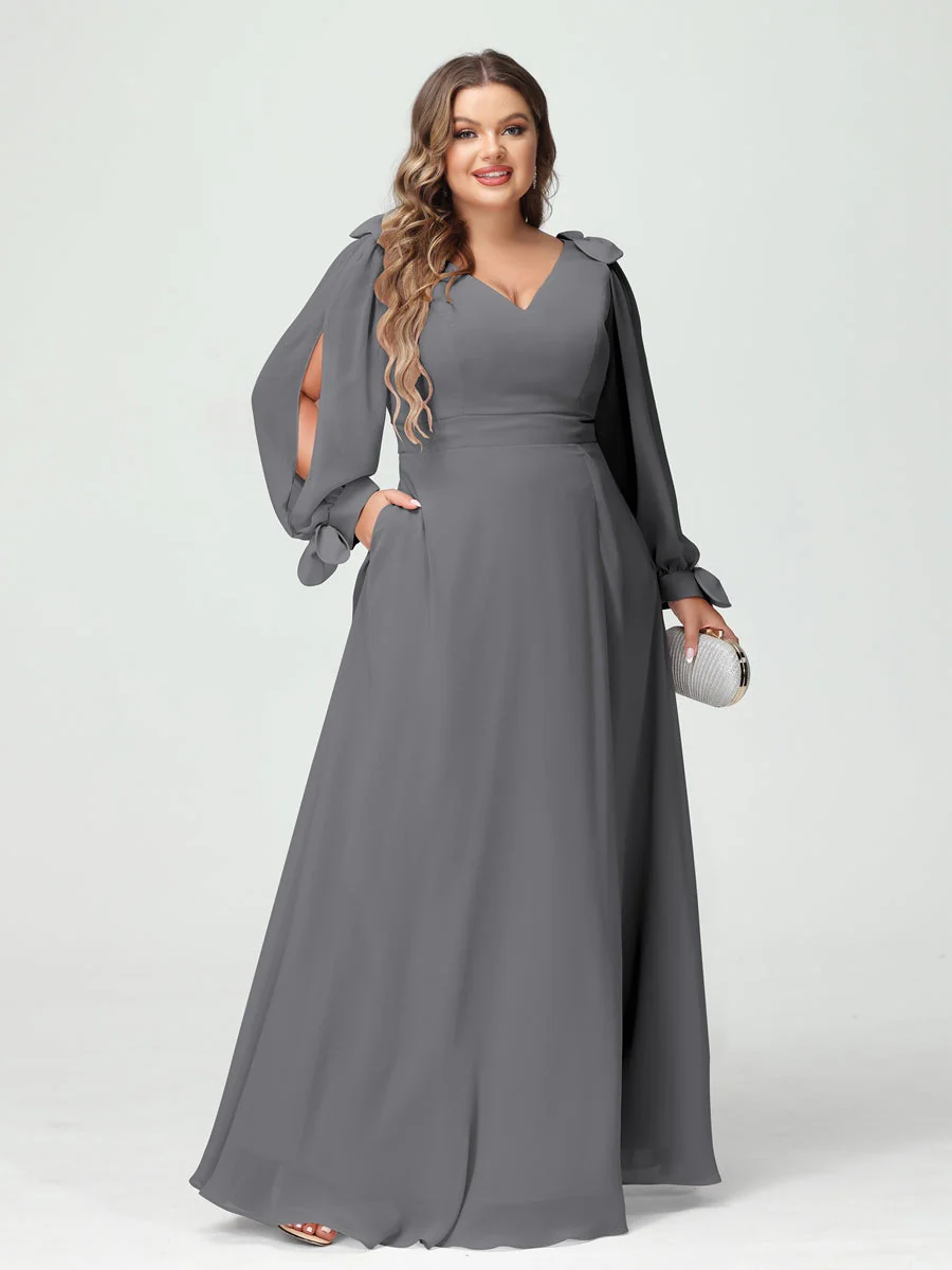 A-Line/Princess V-Neck Long Sleeves Plus Size Bridesmaid Dresses with Pockets & Split Side - Image 75