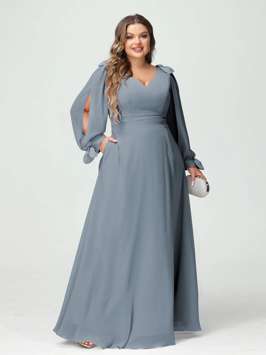 A-Line/Princess V-Neck Long Sleeves Plus Size Bridesmaid Dresses with Pockets & Split Side - Image 8