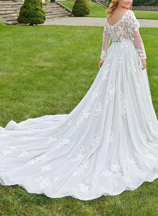 A-Line/Princess V-Neck Long Sleeves Plus Size Lace Wedding Dress with Applique - Image 2