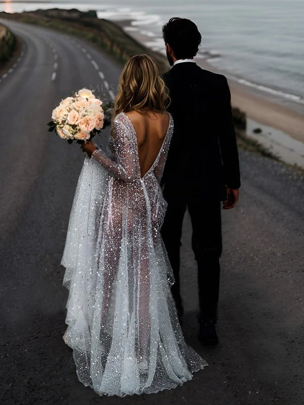 A-Line/Princess V-Neck Long Sleeves Sequins Wedding Dress - Image 2