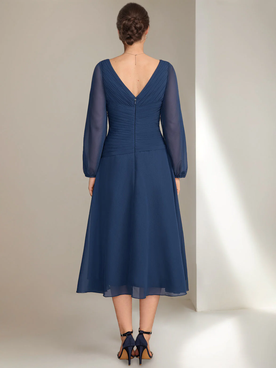 A-Line/Princess V-Neck Long Sleeves Tea-Length Ruched Mother of the Bride Dresses with Ruffles & Jewel Appliques - Image 2