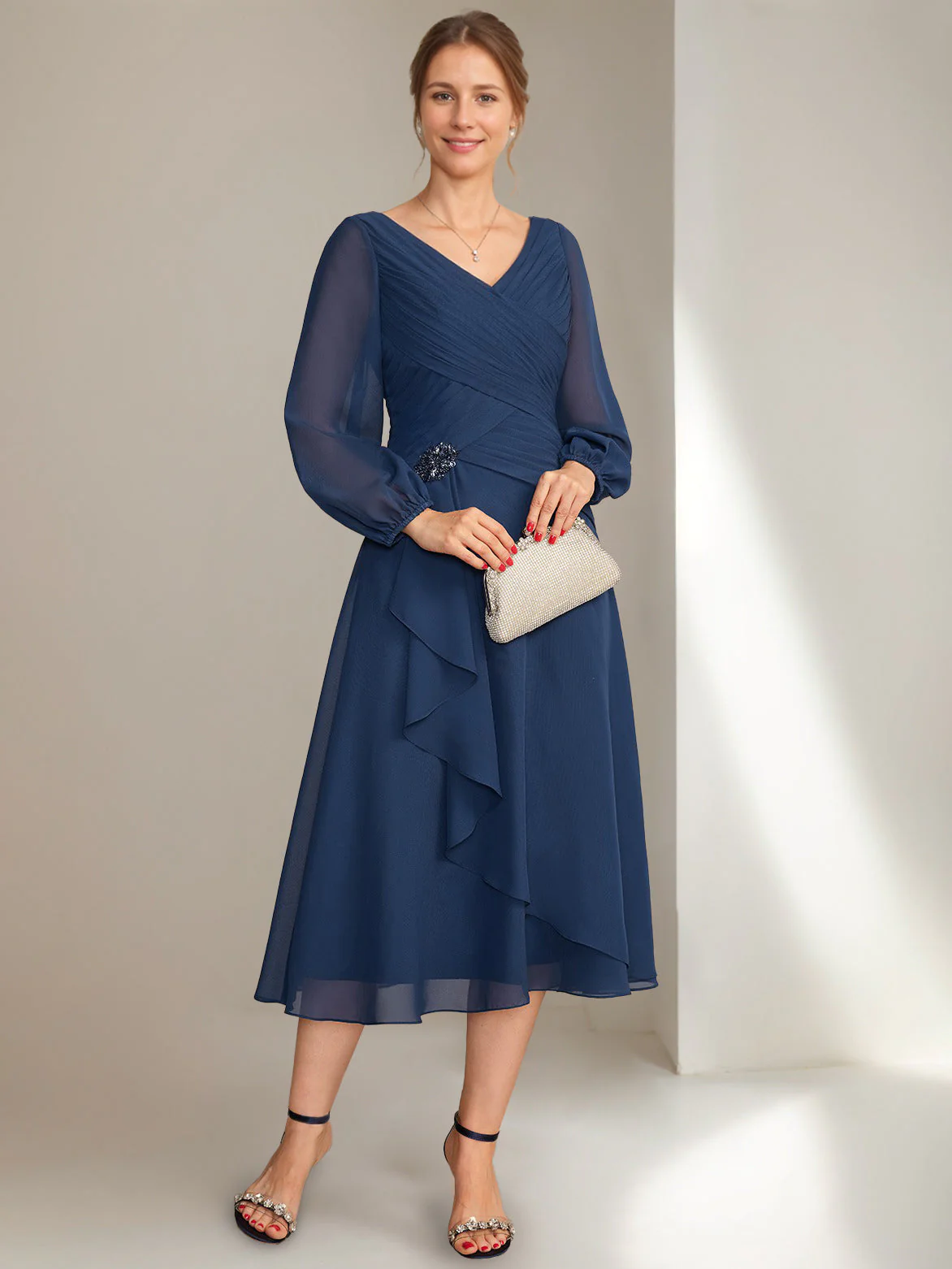 A-Line/Princess V-Neck Long Sleeves Tea-Length Ruched Mother of the Bride Dresses with Ruffles & Jewel Appliques - Image 4