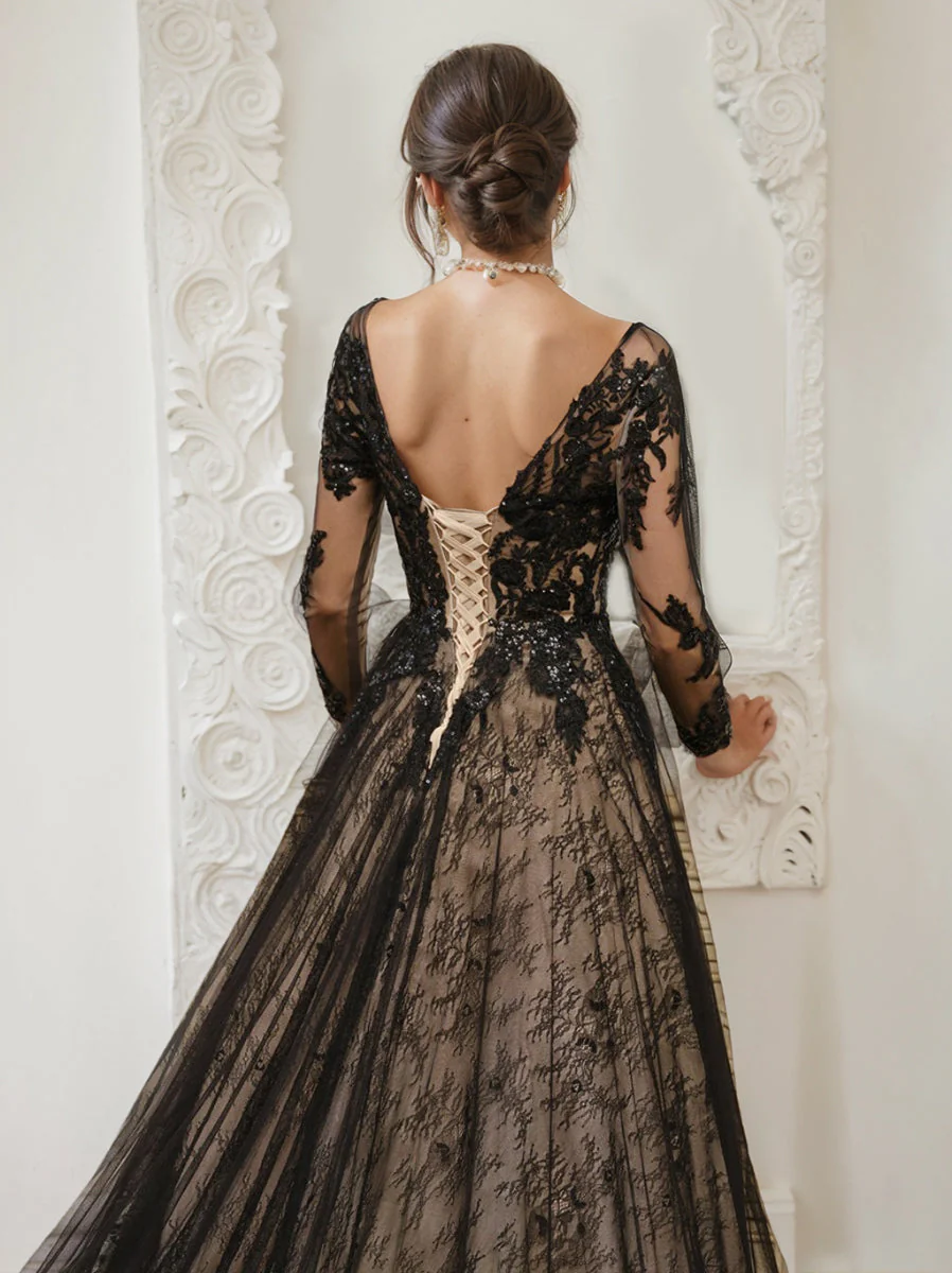 A-Line/Princess V-Neck Long Sleeves Tulle Wedding Dress with Appliques & Beading - Image 3
