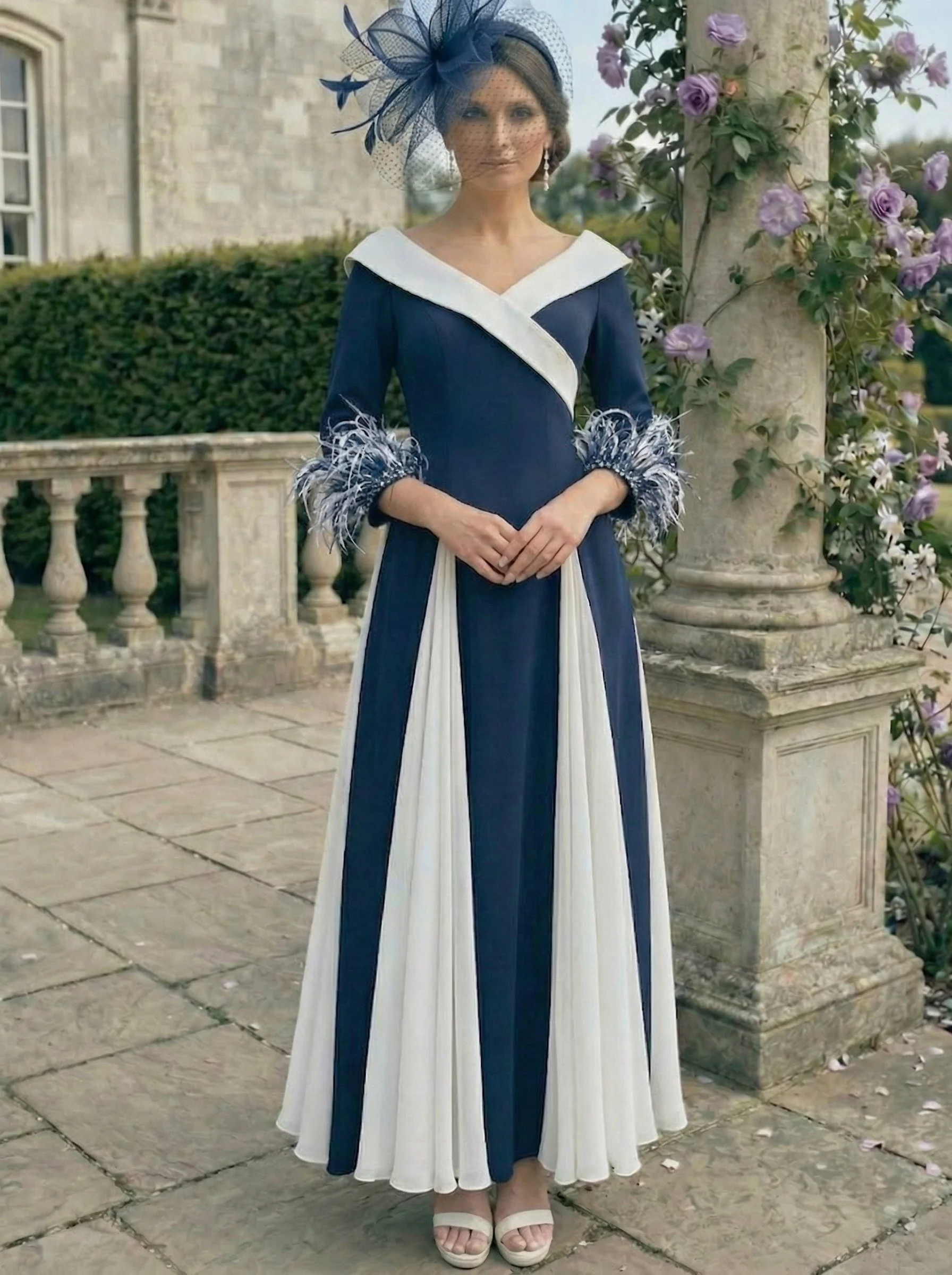 A-Line/Princess V-Neck Mother of the Bride Dresses 3/4 Sleeves Ankle-Length Pleated - Image 4
