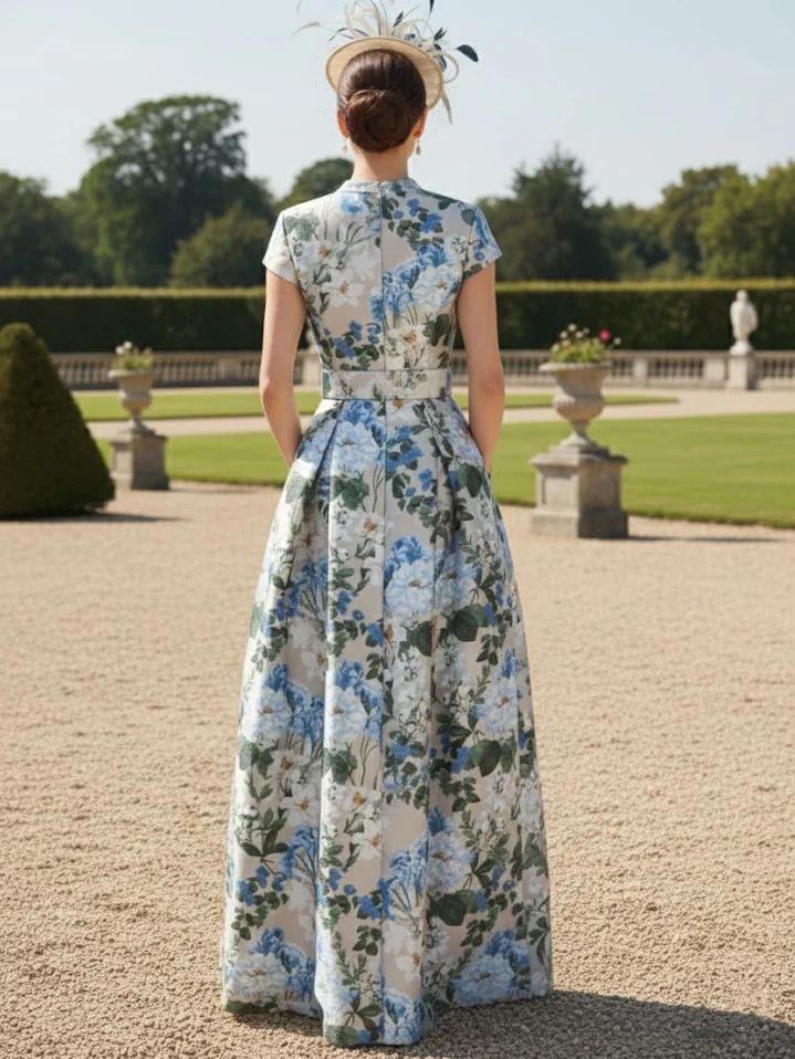 A-Line/Princess V-Neck Mother of the Bride Dresses Printed Satin Short Sleeves Floral Floor-Length - Image 2