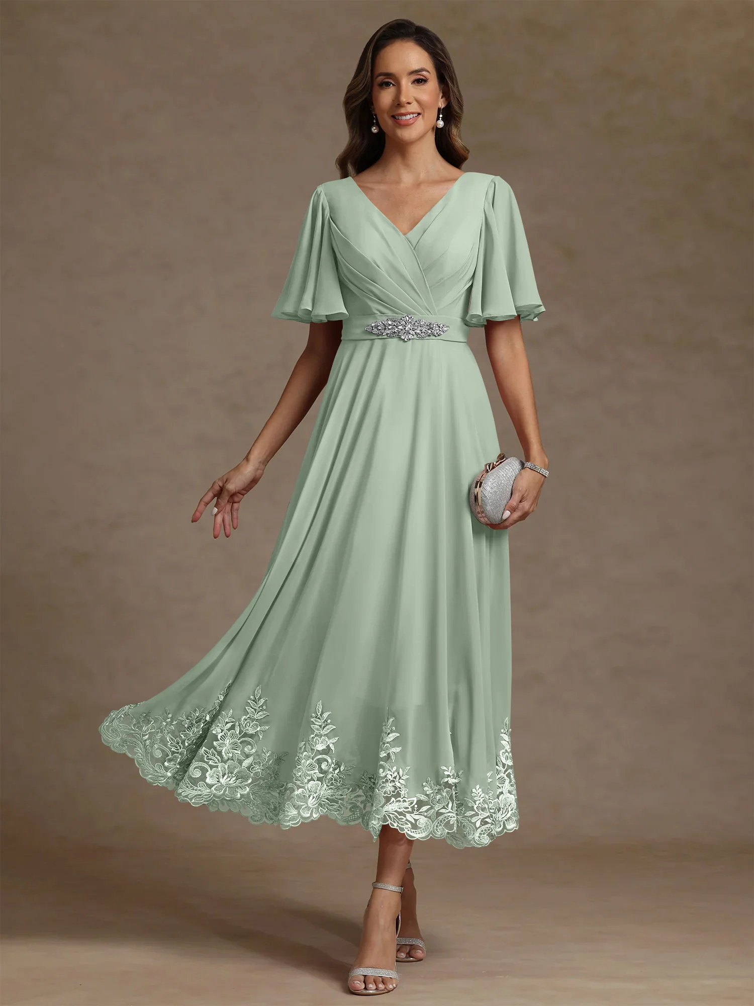 A-Line/Princess V Neck Mother of the Bride Dresses Short Sleeves Chiffon Lace Tea Length with Sash - Image 10