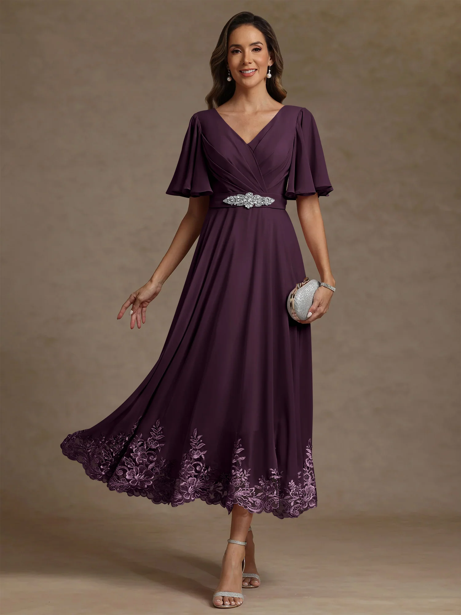 A-Line/Princess V Neck Mother of the Bride Dresses Short Sleeves Chiffon Lace Tea Length with Sash - Image 14