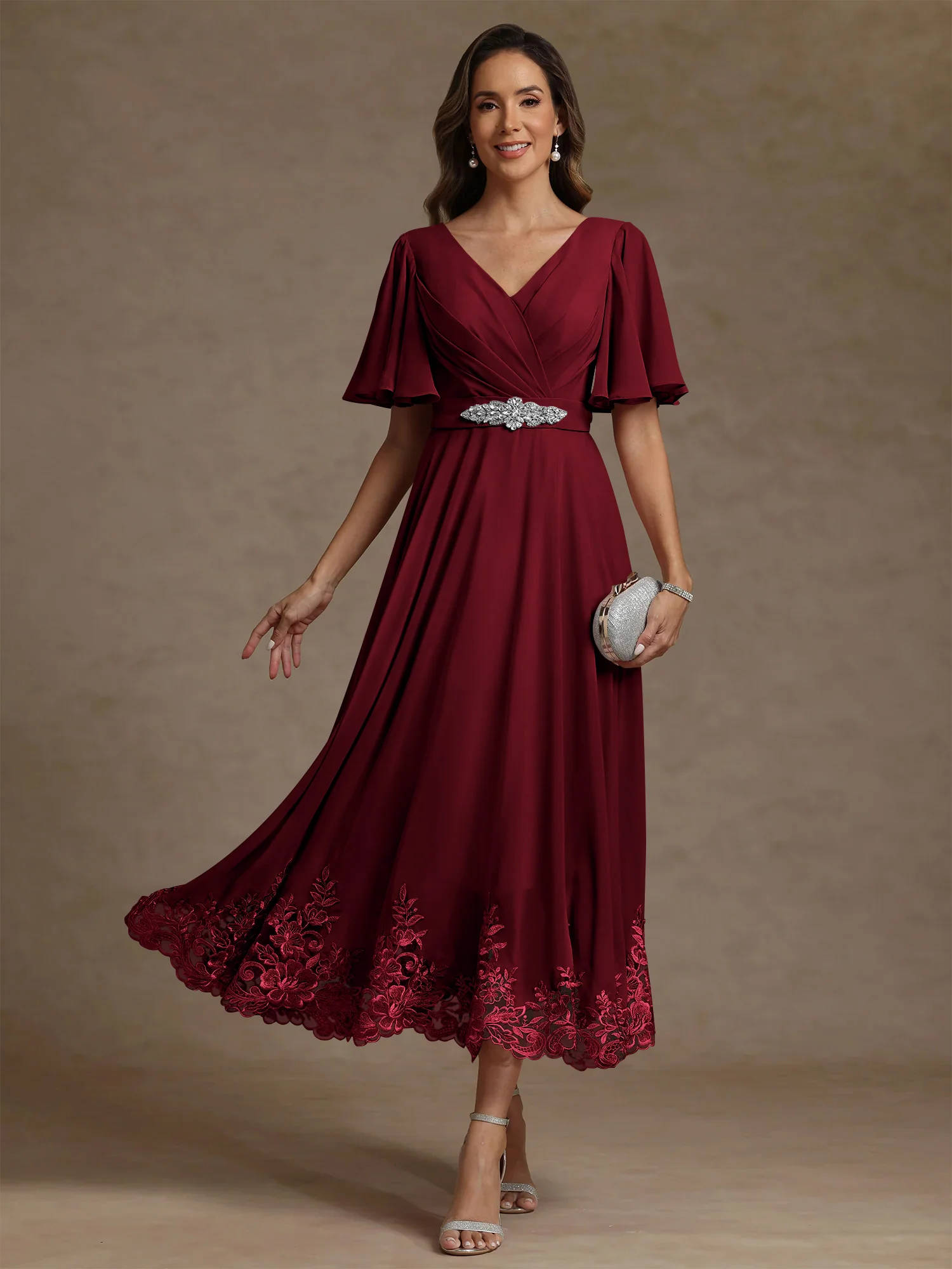 A-Line/Princess V Neck Mother of the Bride Dresses Short Sleeves Chiffon Lace Tea Length with Sash - Image 16