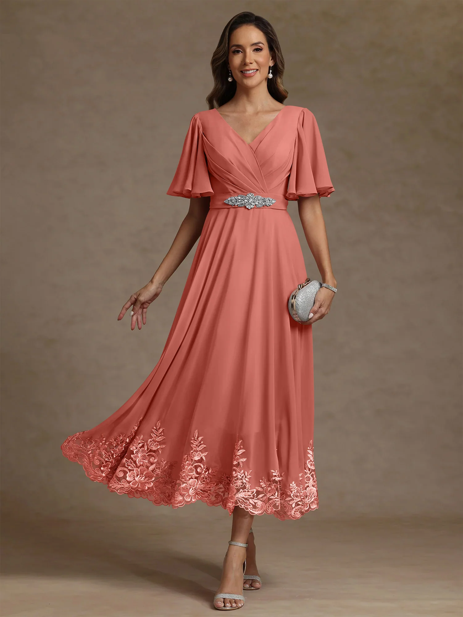 A-Line/Princess V Neck Mother of the Bride Dresses Short Sleeves Chiffon Lace Tea Length with Sash - Image 20