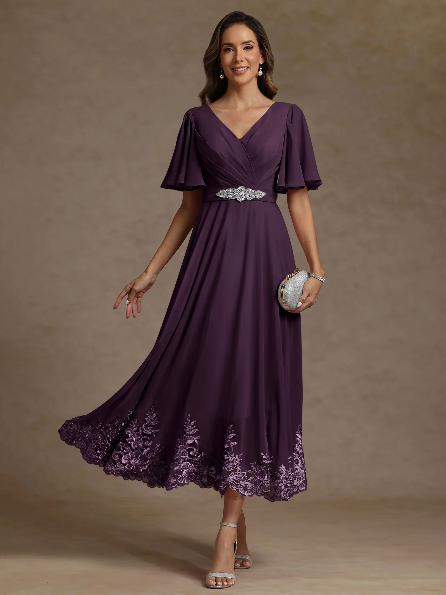 A-Line/Princess V Neck Mother of the Bride Dresses Short Sleeves Chiffon Lace Tea Length with Sash - Image 24