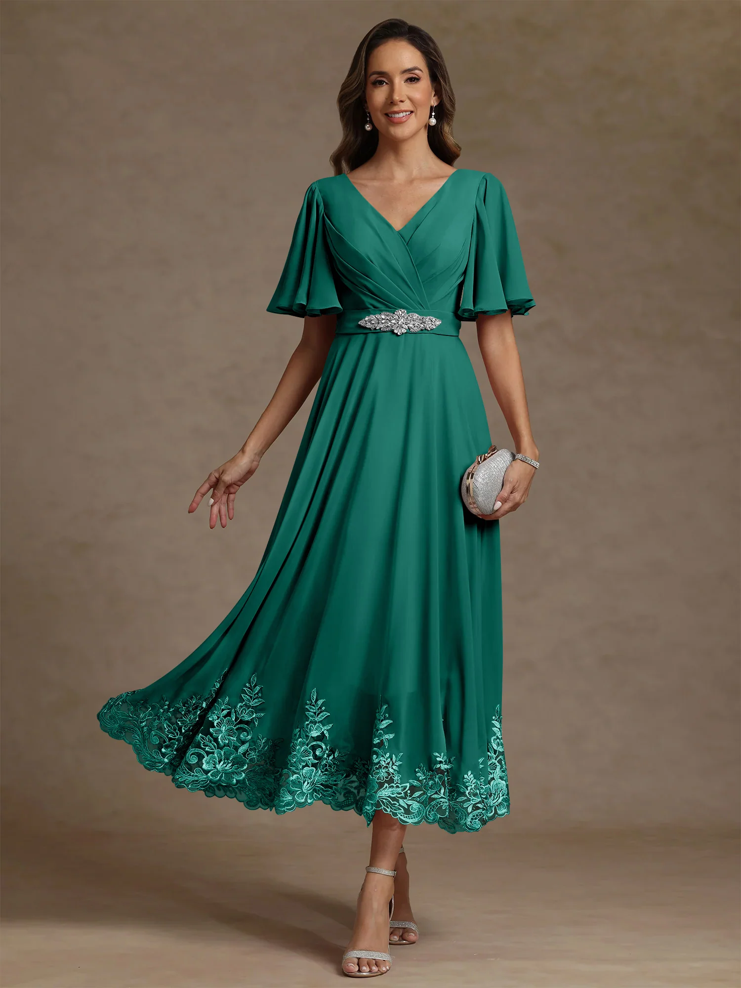 A-Line/Princess V Neck Mother of the Bride Dresses Short Sleeves Chiffon Lace Tea Length with Sash - Image 28