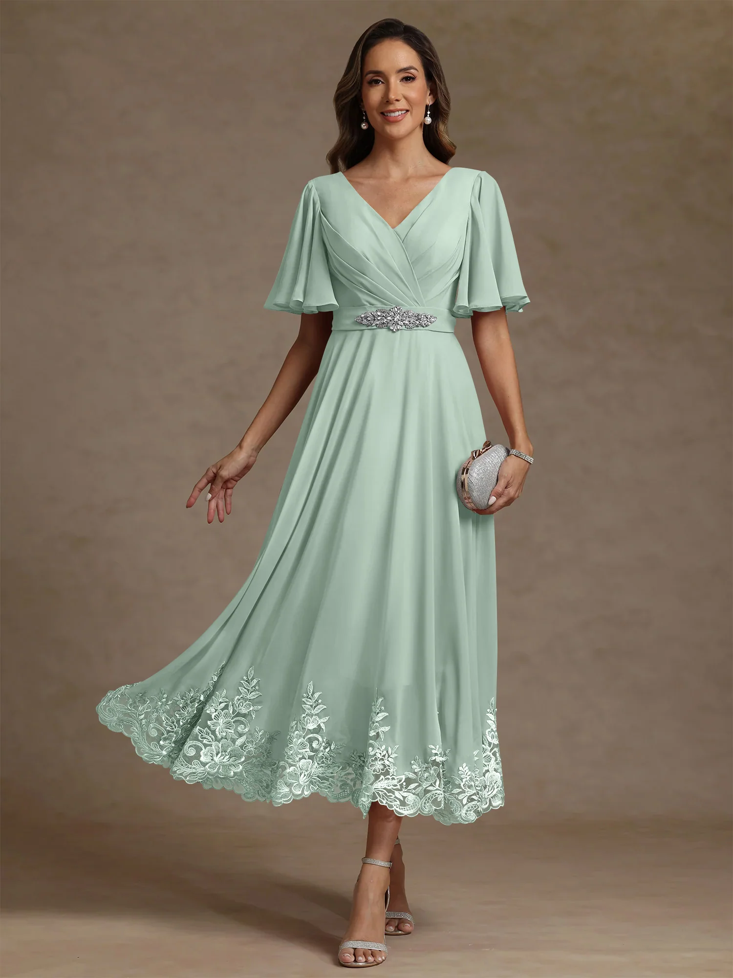 A-Line/Princess V Neck Mother of the Bride Dresses Short Sleeves Chiffon Lace Tea Length with Sash - Image 31