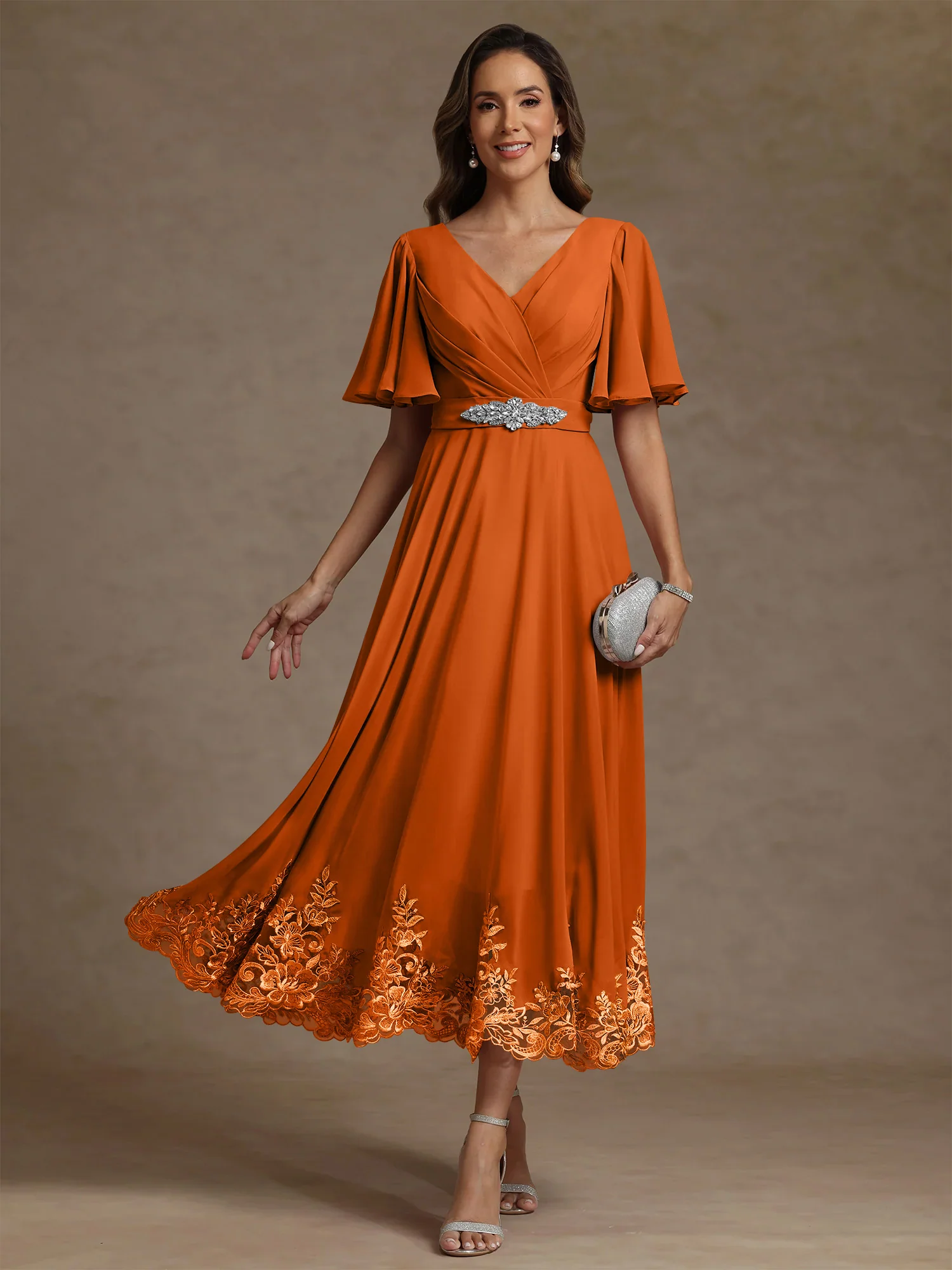 A-Line/Princess V Neck Mother of the Bride Dresses Short Sleeves Chiffon Lace Tea Length with Sash - Image 34