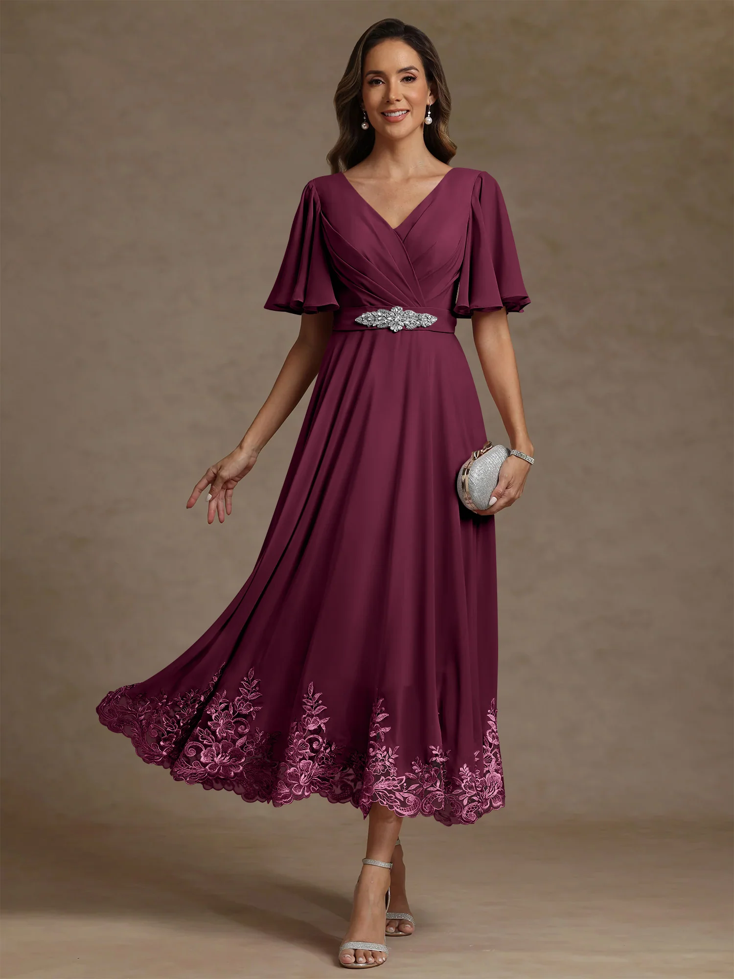 A-Line/Princess V Neck Mother of the Bride Dresses Short Sleeves Chiffon Lace Tea Length with Sash - Image 35