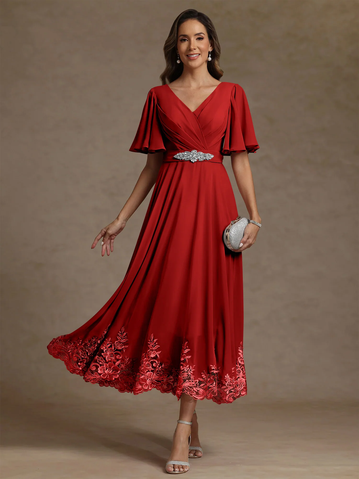 A-Line/Princess V Neck Mother of the Bride Dresses Short Sleeves Chiffon Lace Tea Length with Sash - Image 40