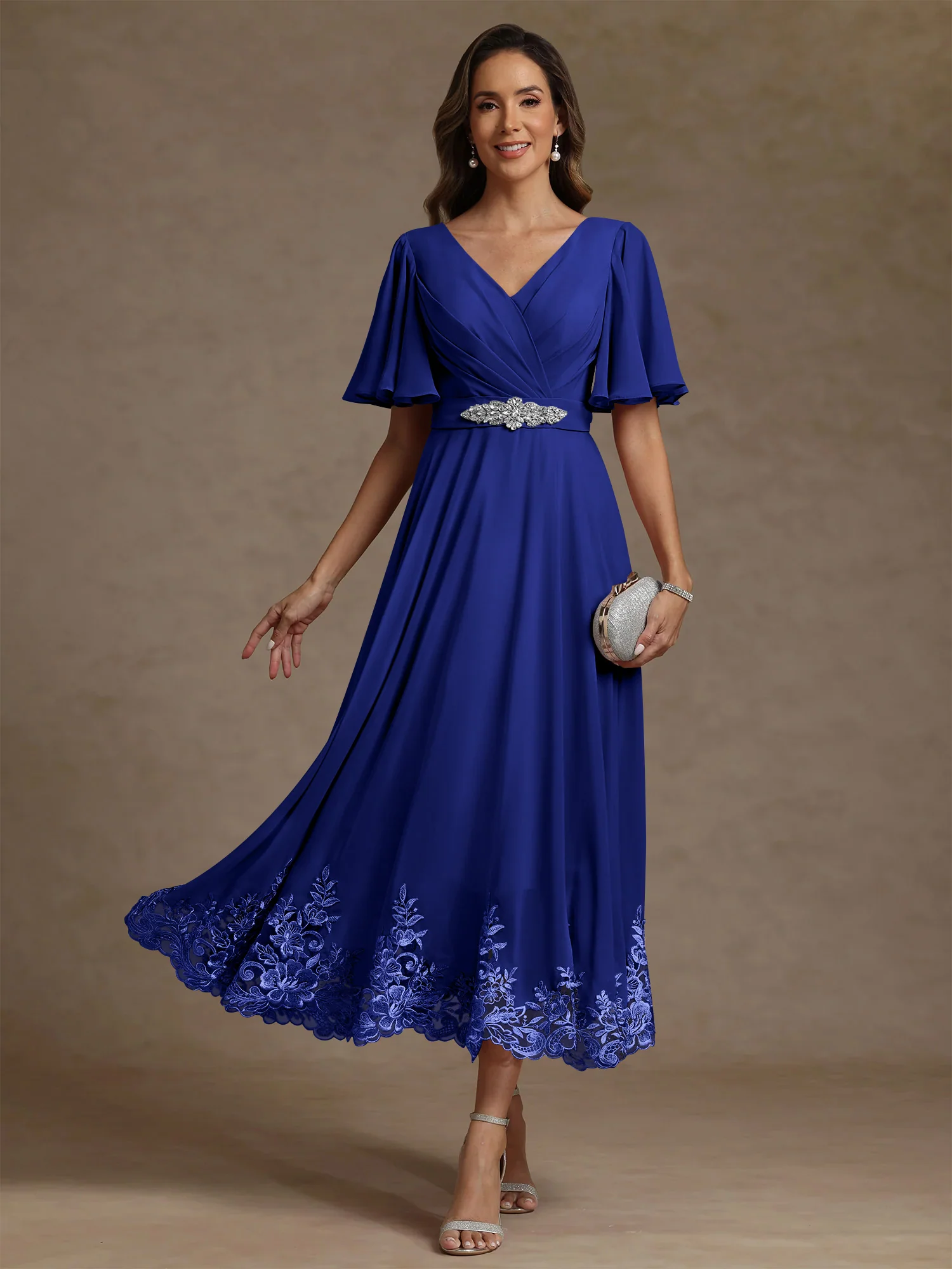 A-Line/Princess V Neck Mother of the Bride Dresses Short Sleeves Chiffon Lace Tea Length with Sash - Image 42