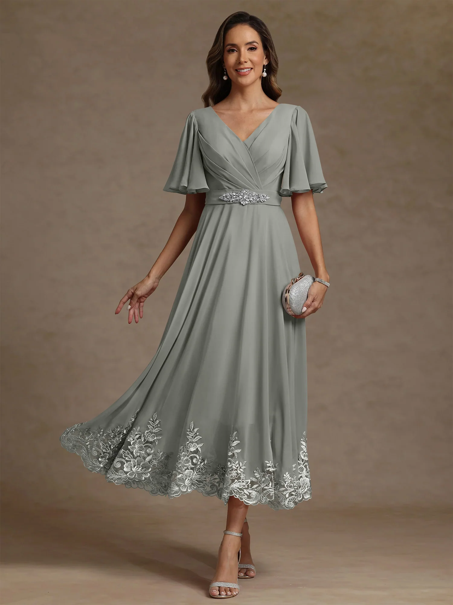 A-Line/Princess V Neck Mother of the Bride Dresses Short Sleeves Chiffon Lace Tea Length with Sash - Image 43