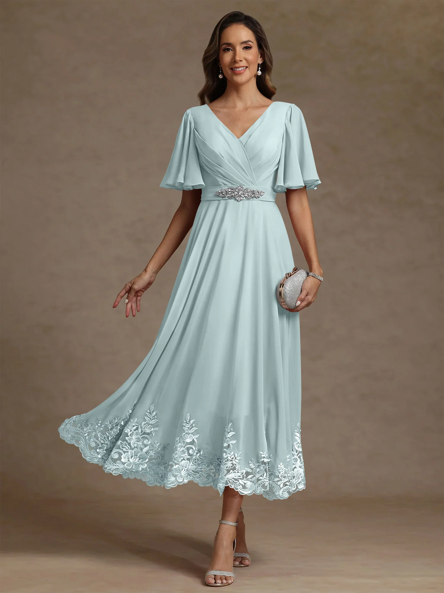 A-Line/Princess V Neck Mother of the Bride Dresses Short Sleeves Chiffon Lace Tea Length with Sash - Image 44