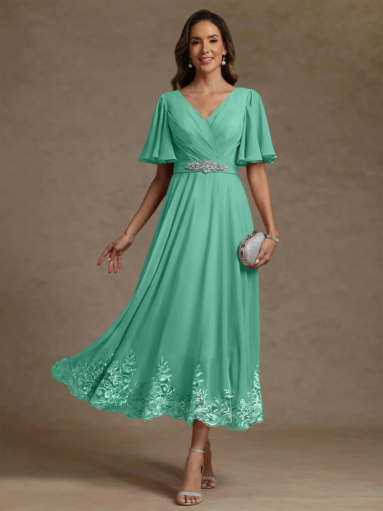 A-Line/Princess V Neck Mother of the Bride Dresses Short Sleeves Chiffon Lace Tea Length with Sash - Image 45