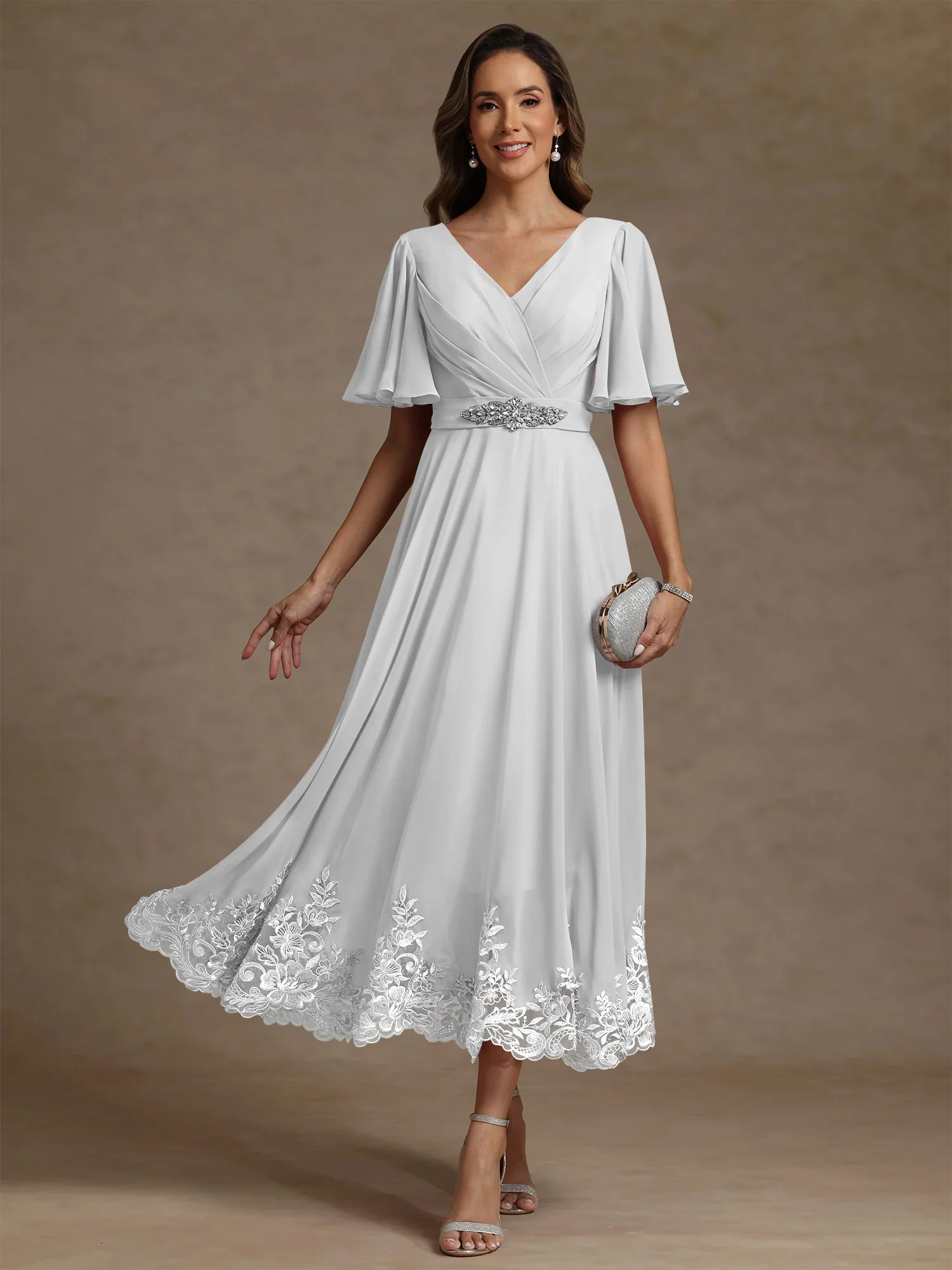 A-Line/Princess V Neck Mother of the Bride Dresses Short Sleeves Chiffon Lace Tea Length with Sash - Image 49