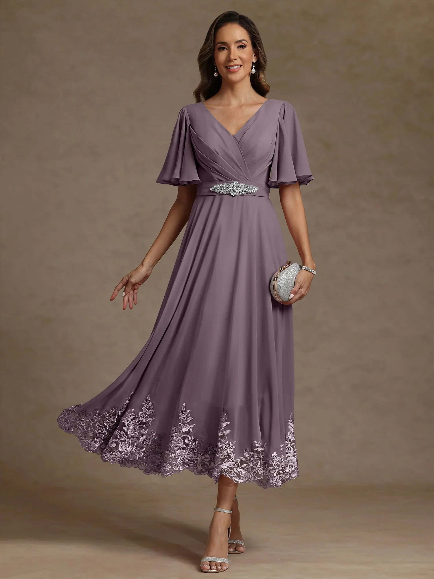 A-Line/Princess V Neck Mother of the Bride Dresses Short Sleeves Chiffon Lace Tea Length with Sash - Image 53