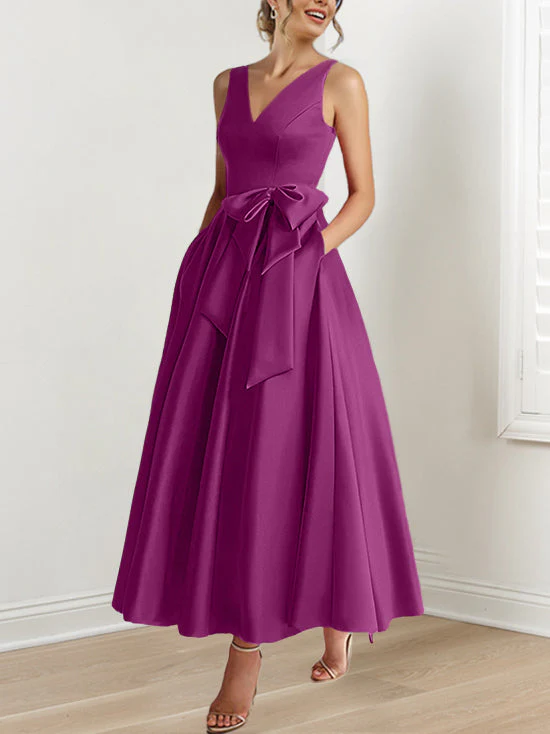 A-Line/Princess V-Neck Sleeveless Ankle-Length Mother of the Bride Dresses with Pockets & Ruffles - Image 27