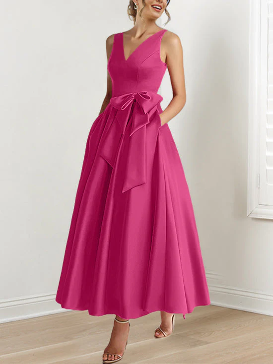 A-Line/Princess V-Neck Sleeveless Ankle-Length Mother of the Bride Dresses with Pockets & Ruffles - Image 41