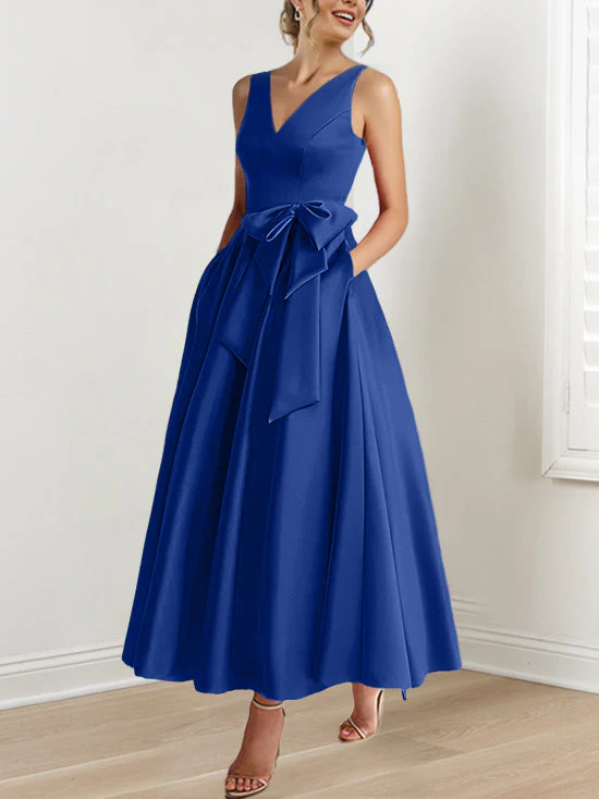 A-Line/Princess V-Neck Sleeveless Ankle-Length Mother of the Bride Dresses with Pockets & Ruffles - Image 44