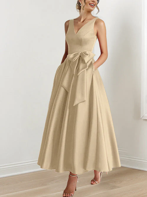 A-Line/Princess V-Neck Sleeveless Ankle-Length Mother of the Bride Dresses with Pockets & Ruffles - Image 49