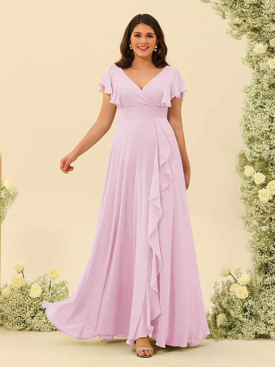 A-Line/Princess V-Neck Plus Size Bridesmaid Dresses with Ruffles - Image 21
