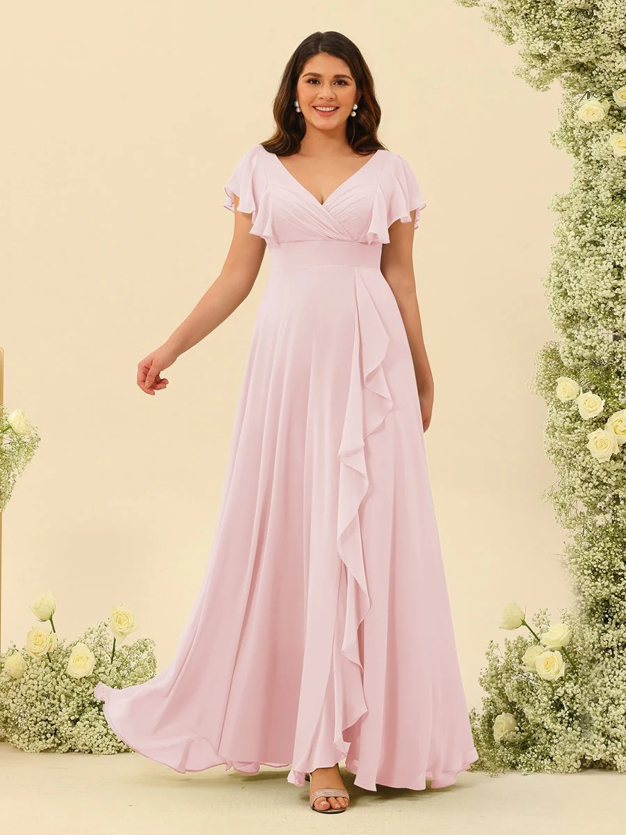 A-Line/Princess V-Neck Plus Size Bridesmaid Dresses with Ruffles - Image 23