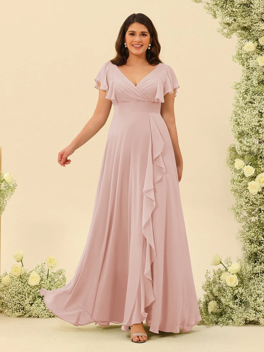 A-Line/Princess V-Neck Plus Size Bridesmaid Dresses with Ruffles - Image 24