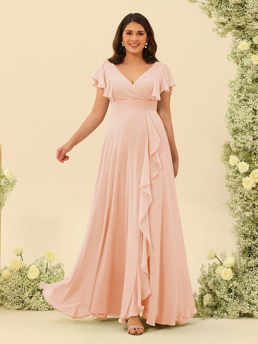 A-Line/Princess V-Neck Plus Size Bridesmaid Dresses with Ruffles - Image 25
