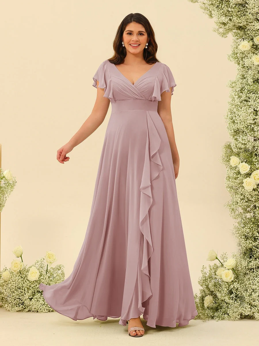 A-Line/Princess V-Neck Plus Size Bridesmaid Dresses with Ruffles - Image 26