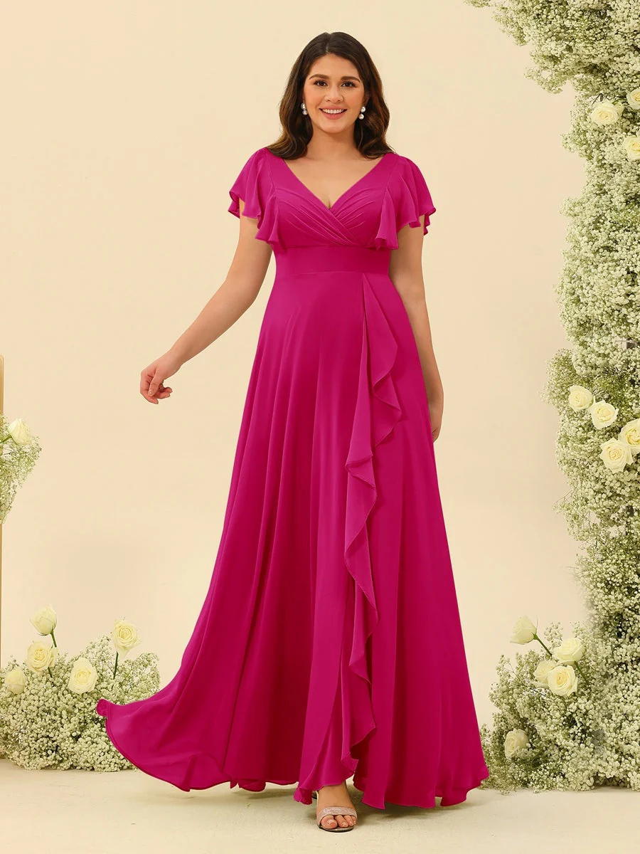 A-Line/Princess V-Neck Plus Size Bridesmaid Dresses with Ruffles - Image 31