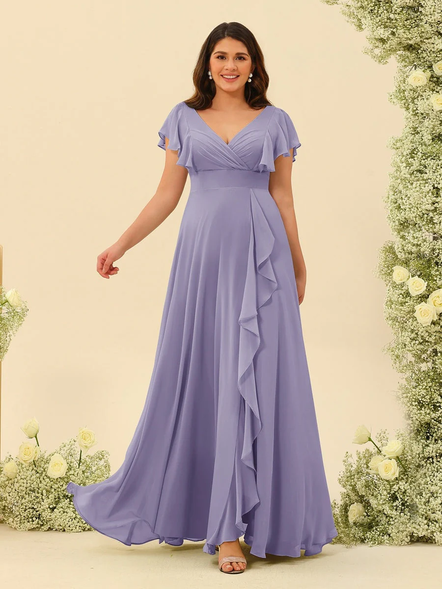 A-Line/Princess V-Neck Plus Size Bridesmaid Dresses with Ruffles - Image 35