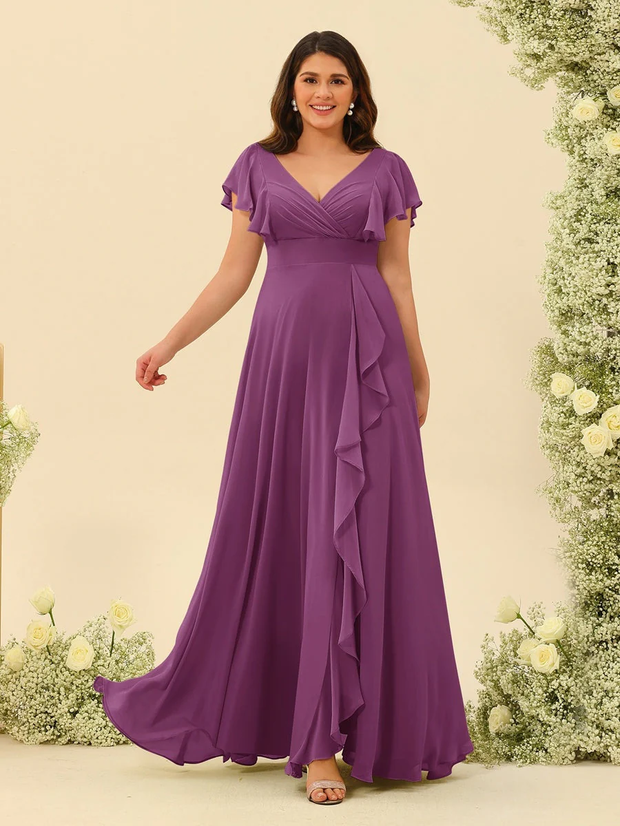 A-Line/Princess V-Neck Plus Size Bridesmaid Dresses with Ruffles - Image 40