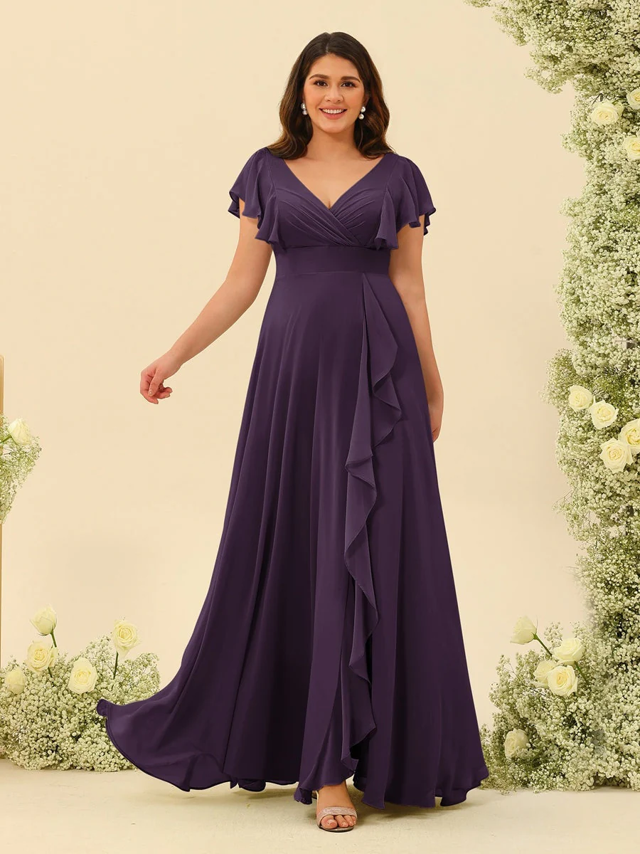 A-Line/Princess V-Neck Plus Size Bridesmaid Dresses with Ruffles - Image 42