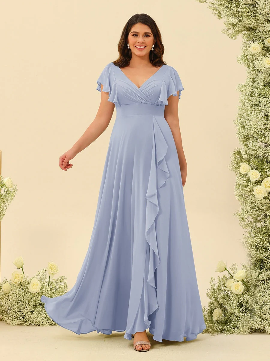 A-Line/Princess V-Neck Plus Size Bridesmaid Dresses with Ruffles - Image 44