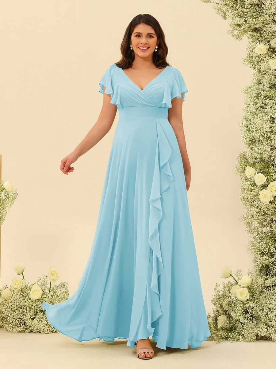 A-Line/Princess V-Neck Plus Size Bridesmaid Dresses with Ruffles - Image 45