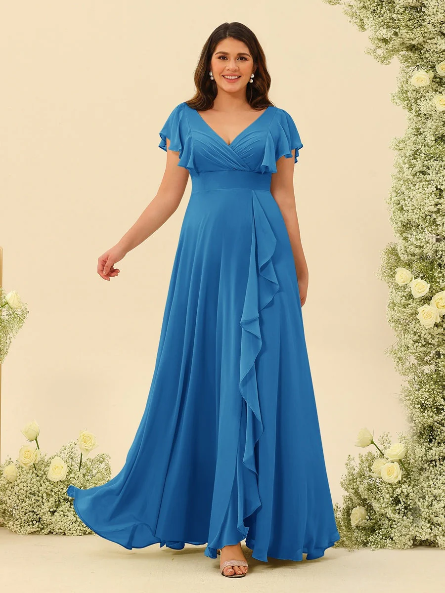 A-Line/Princess V-Neck Plus Size Bridesmaid Dresses with Ruffles - Image 49