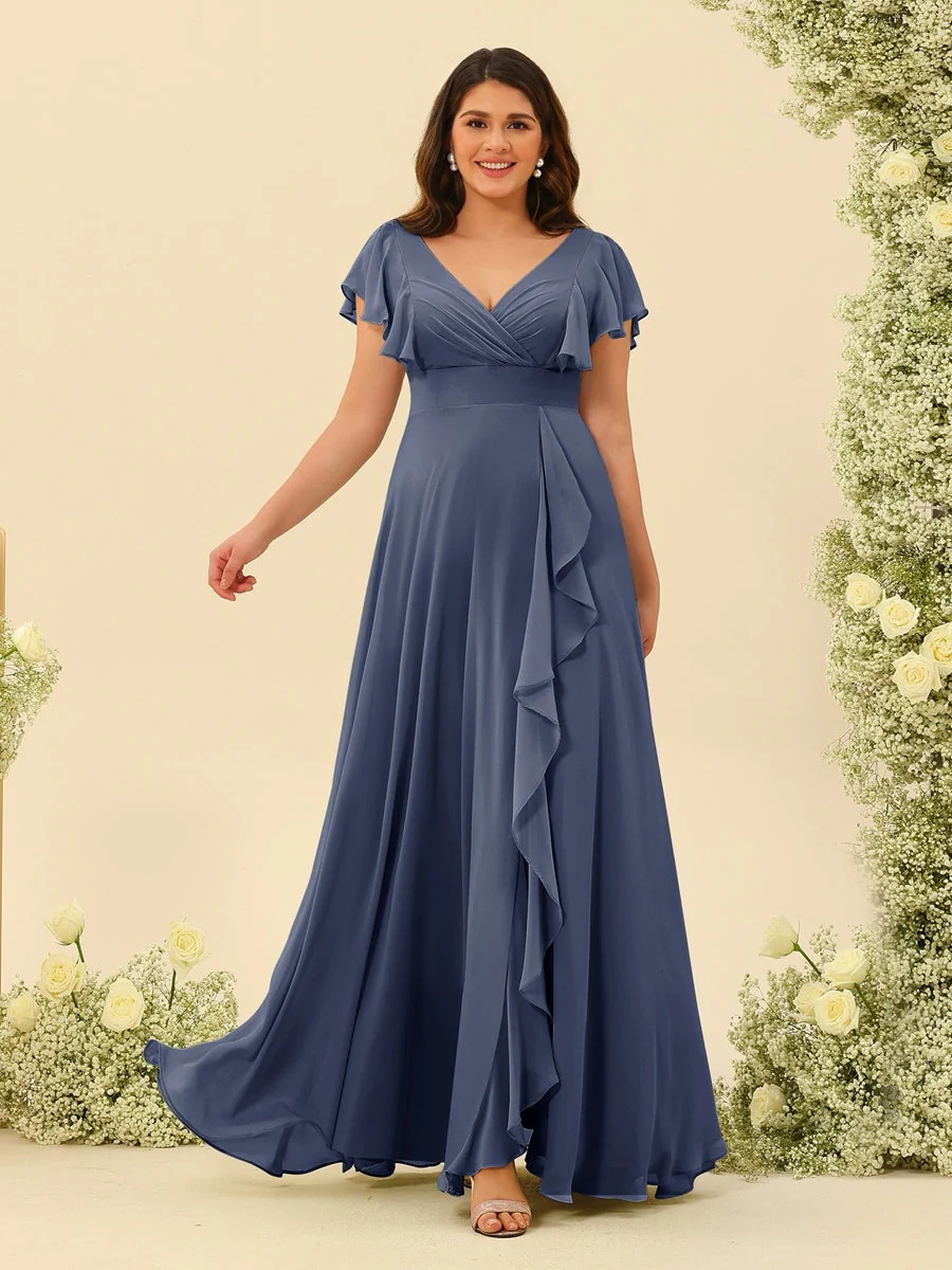 A-Line/Princess V-Neck Plus Size Bridesmaid Dresses with Ruffles - Image 53