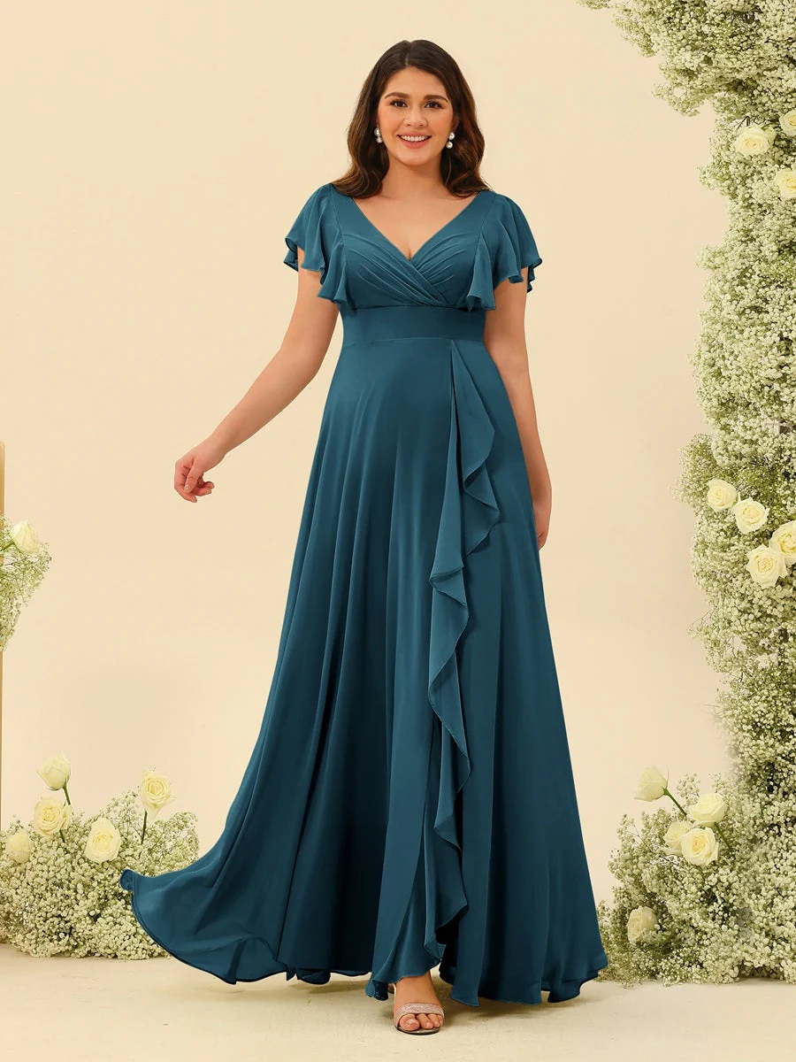 A-Line/Princess V-Neck Plus Size Bridesmaid Dresses with Ruffles - Image 54