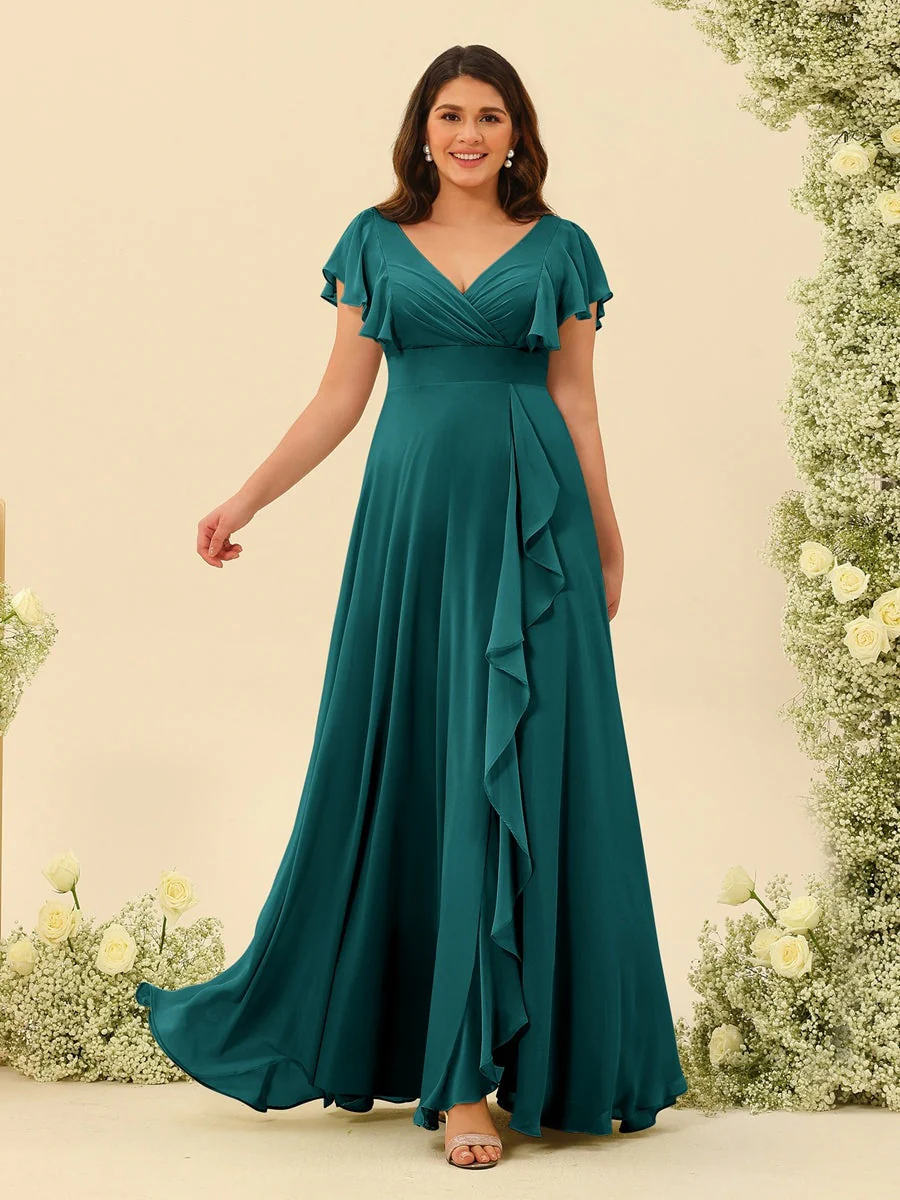 A-Line/Princess V-Neck Plus Size Bridesmaid Dresses with Ruffles - Image 62