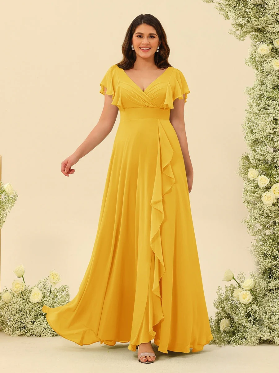 A-Line/Princess V-Neck Plus Size Bridesmaid Dresses with Ruffles - Image 67