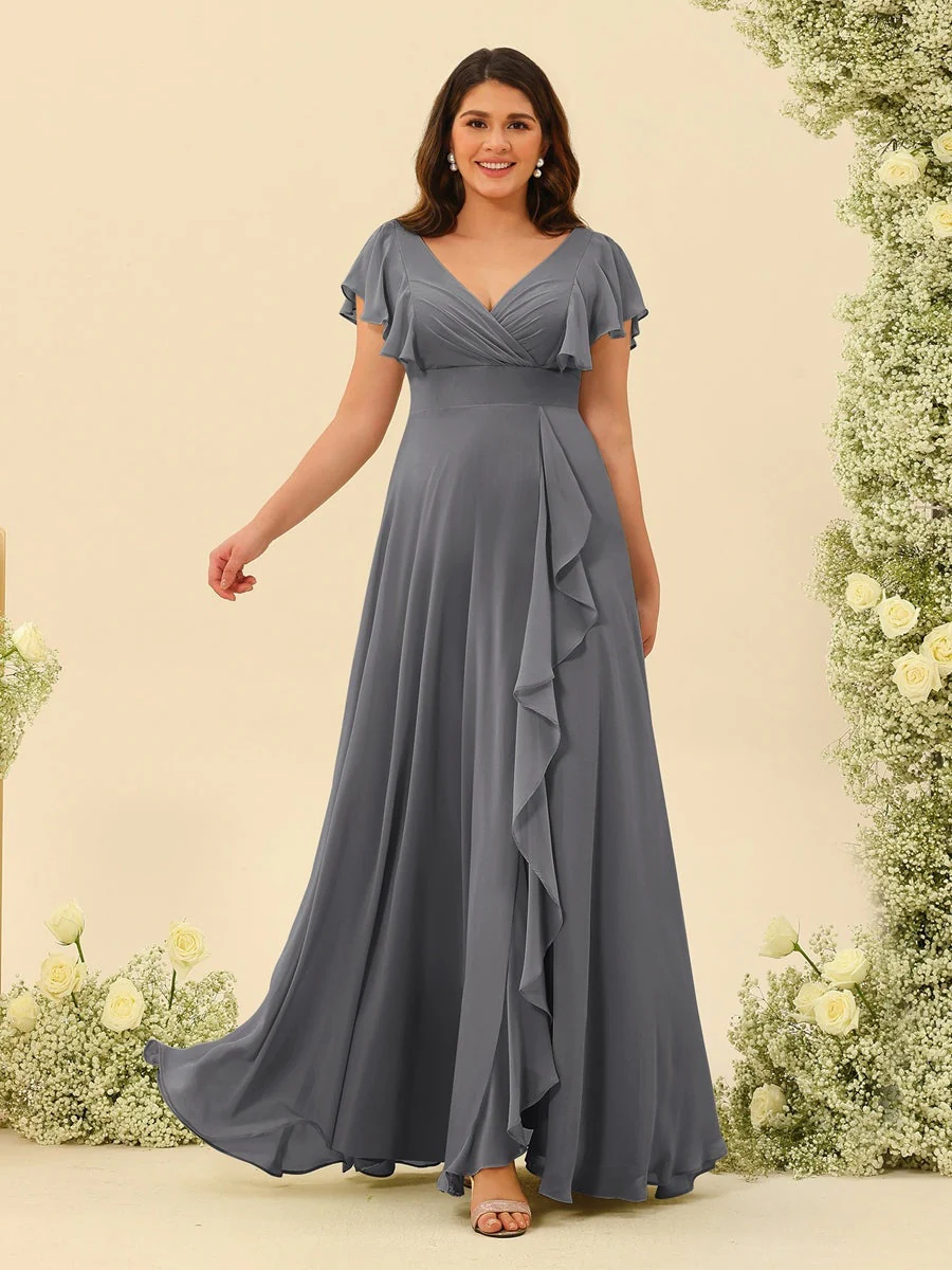 A-Line/Princess V-Neck Plus Size Bridesmaid Dresses with Ruffles - Image 70