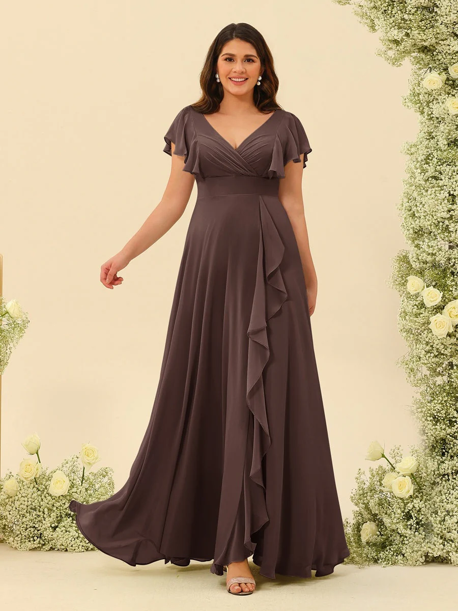 A-Line/Princess V-Neck Plus Size Bridesmaid Dresses with Ruffles - Image 72
