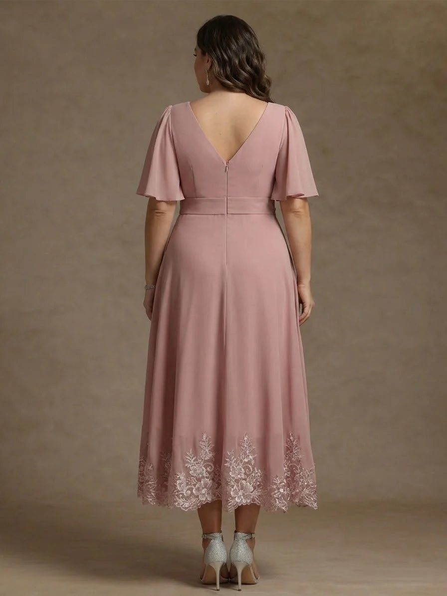 A-Line/Princess V Neck Plus Size Mother of the Bride Dresses Short Sleeves Chiffon Lace Tea Length with Sash - Image 2