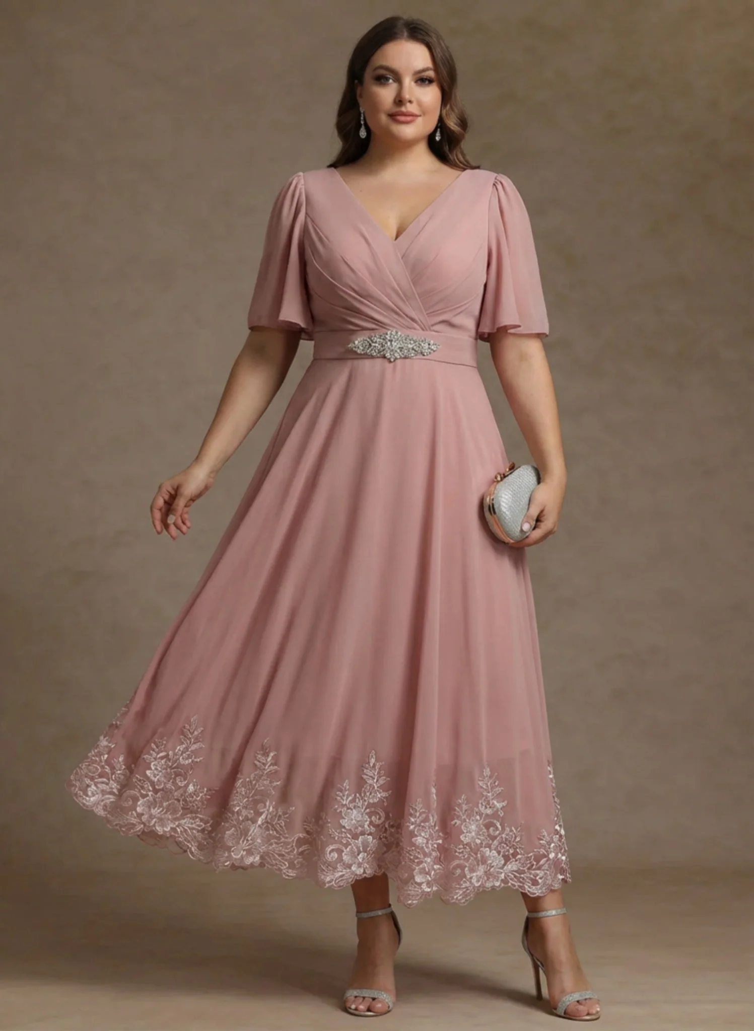A-Line/Princess V Neck Plus Size Mother of the Bride Dresses Short Sleeves Chiffon Lace Tea Length with Sash - Image 3